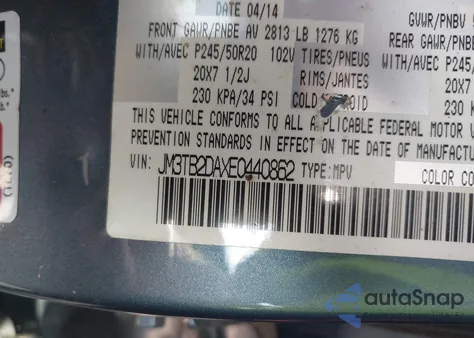 2014 Mazda Cx-9 Grand Touring z USA, uszkodzony, nr VIN JM3TB2DAXE0440862